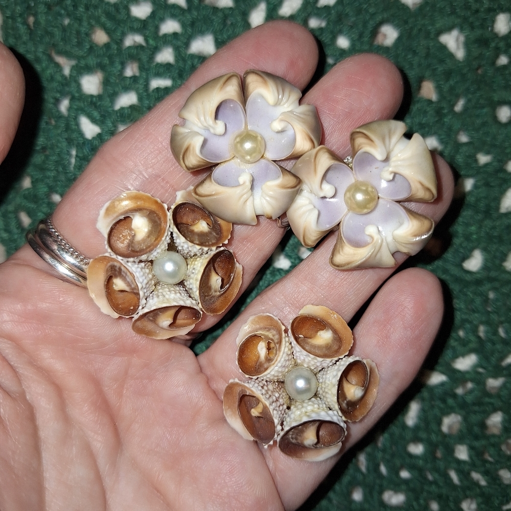 Vintage Shell Screw-On Earrings With Faux Pearl Center